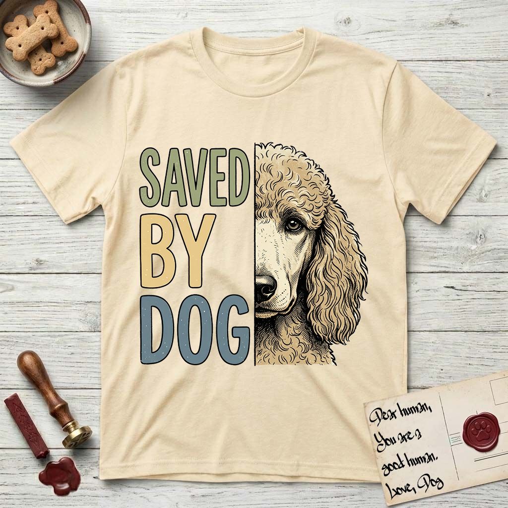 Saved by Dog Poodle T-Shirt flat lay in Natural, featuring half an apricot Poodle's face in distressed vintage screen print, soft natural curls and a knowing eye, cropped down the centerline beside bold stacked block lettering.