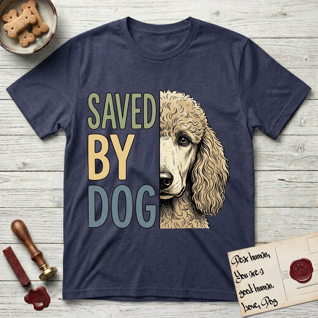 Saved by Dog Poodle T-Shirt flat lay in Navy, featuring half an apricot Poodle's face in distressed vintage screen print, soft natural curls and a knowing eye, cropped down the centerline beside bold stacked block lettering.