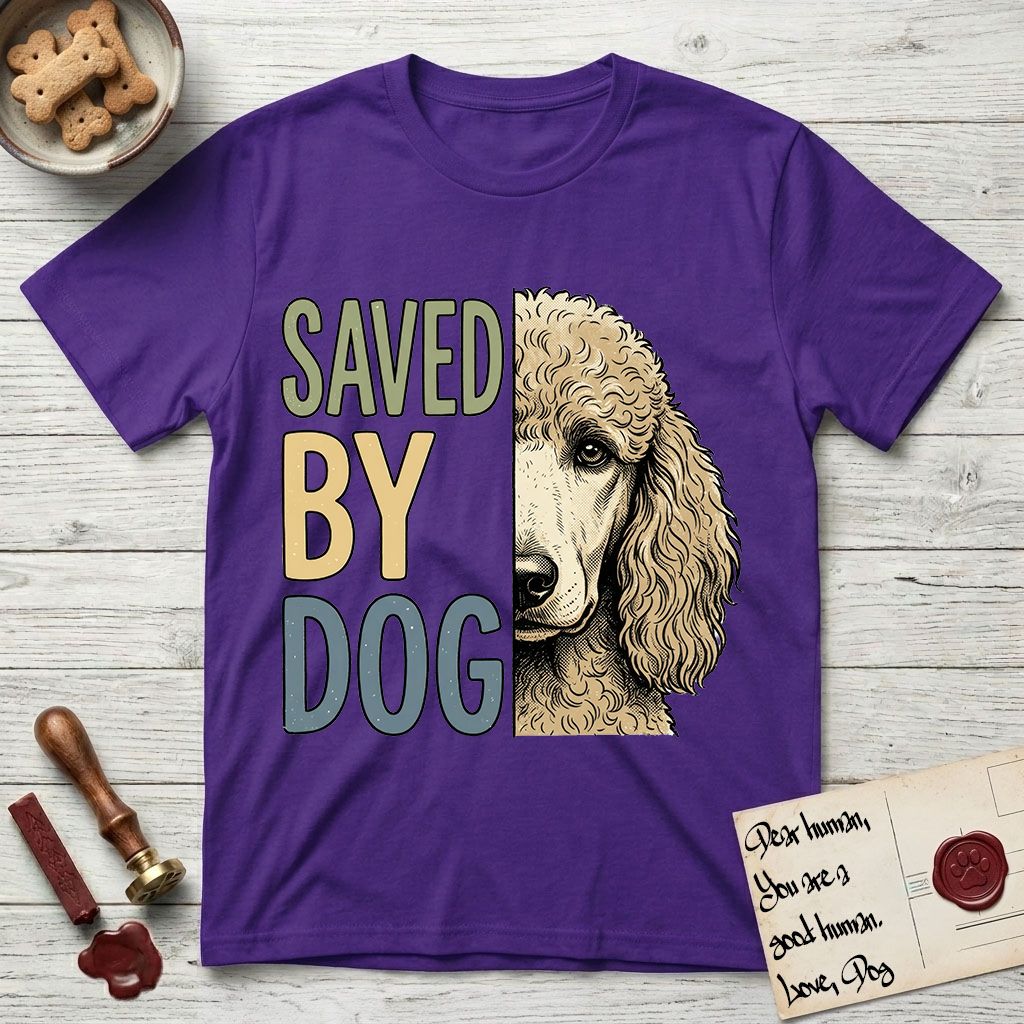 Saved by Dog Poodle T-Shirt flat lay in Purple, featuring half an apricot Poodle's face in distressed vintage screen print, soft natural curls and a knowing eye, cropped down the centerline beside bold stacked block lettering.