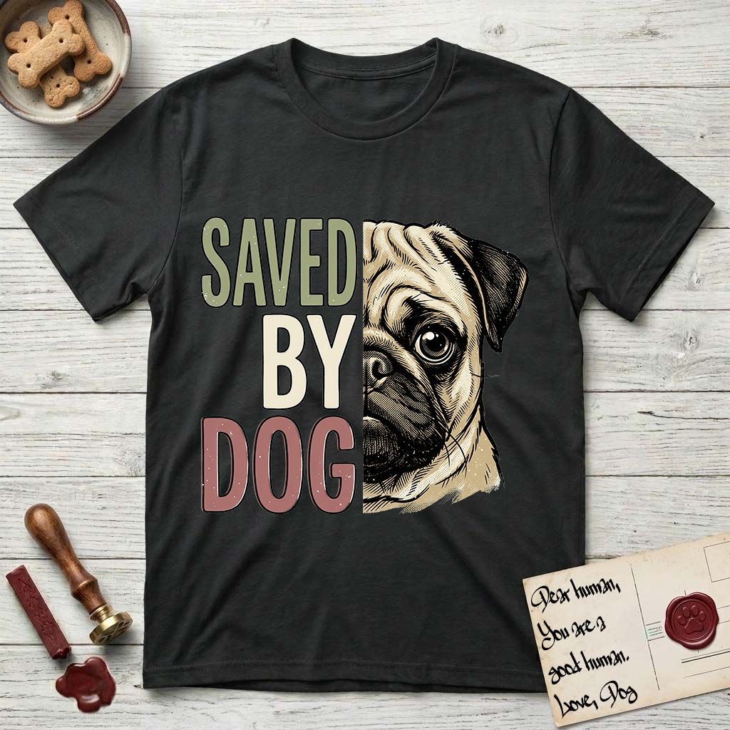 Saved by Dog Pug T-Shirt flat lay in Black, featuring half a fawn Pug's face in distressed vintage screen print, a dark mask and one large round eye, cropped down the centerline beside bold stacked block lettering.