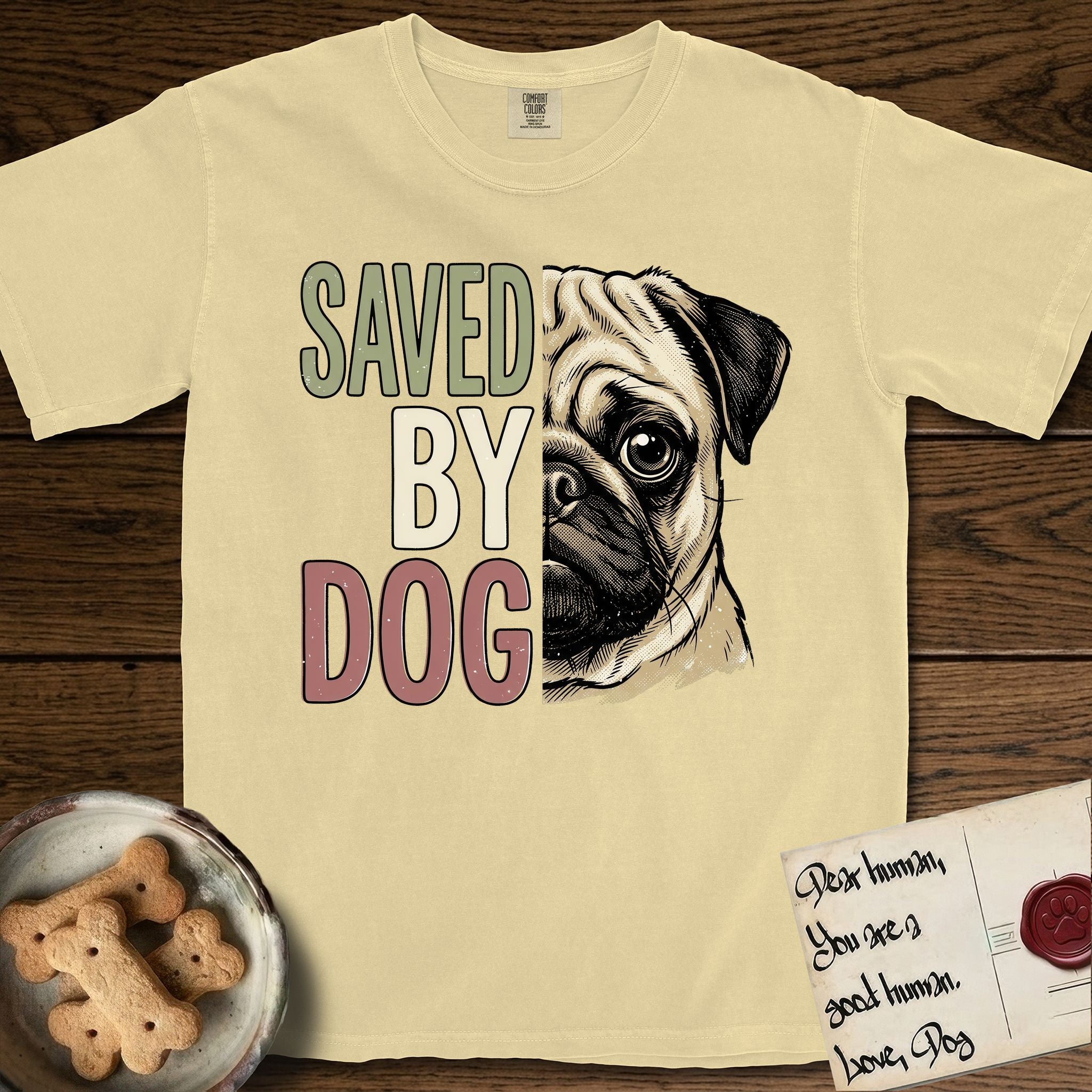 Saved by Dog Pug T-Shirt flat lay in Butter, featuring half a fawn Pug's face in distressed vintage screen print, a dark mask and one large round eye, cropped down the centerline beside bold stacked block lettering.