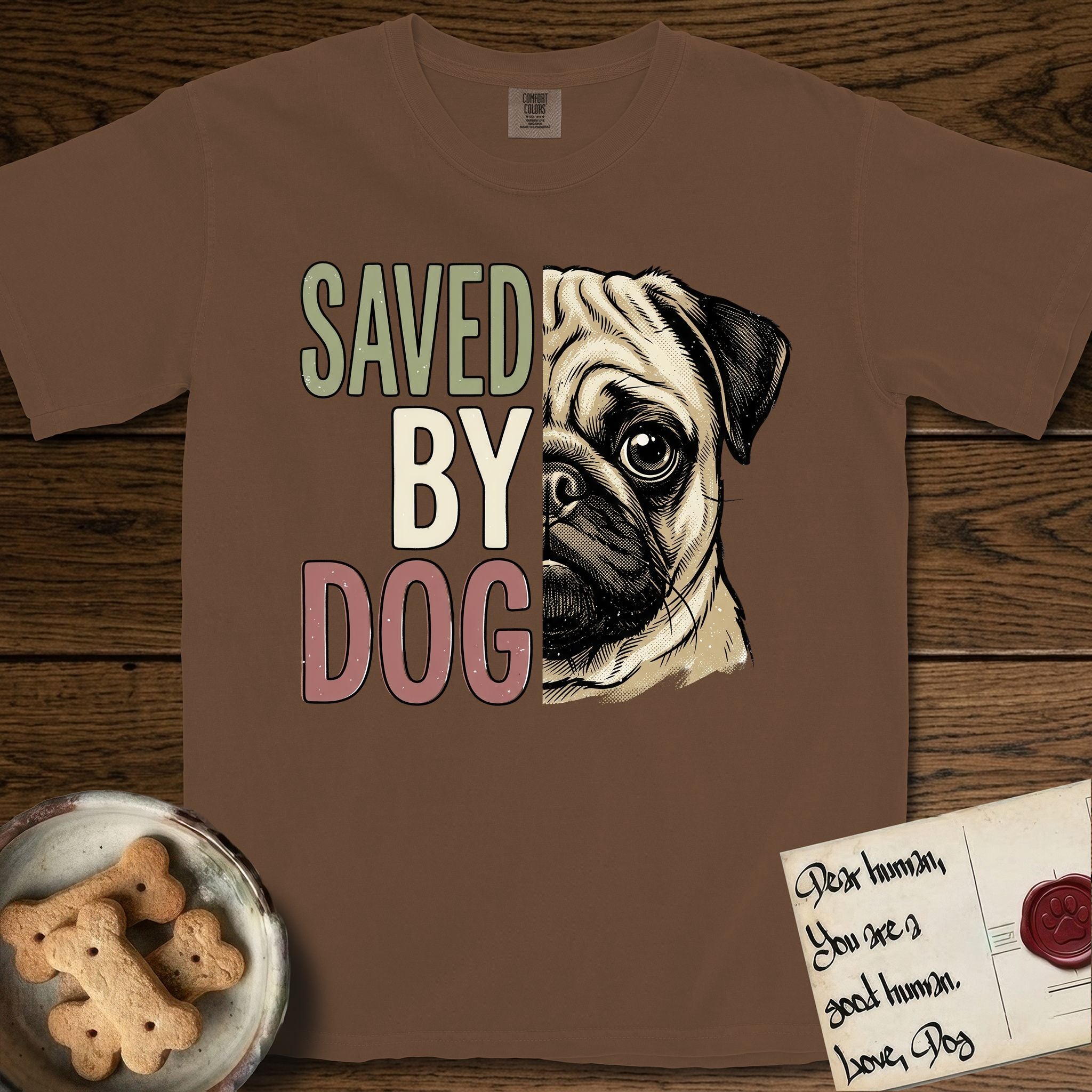 Saved by Dog Pug T-Shirt flat lay in Espresso, featuring half a fawn Pug's face in distressed vintage screen print, a dark mask and one large round eye, cropped down the centerline beside bold stacked block lettering.