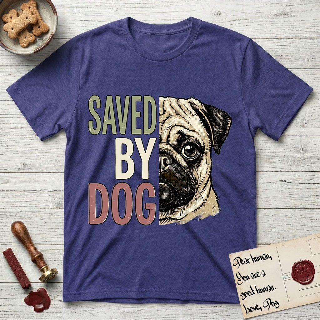 Saved by Dog Pug T-Shirt flat lay in Metro Blue, featuring half a fawn Pug's face in distressed vintage screen print, a dark mask and one large round eye, cropped down the centerline beside bold stacked block lettering.