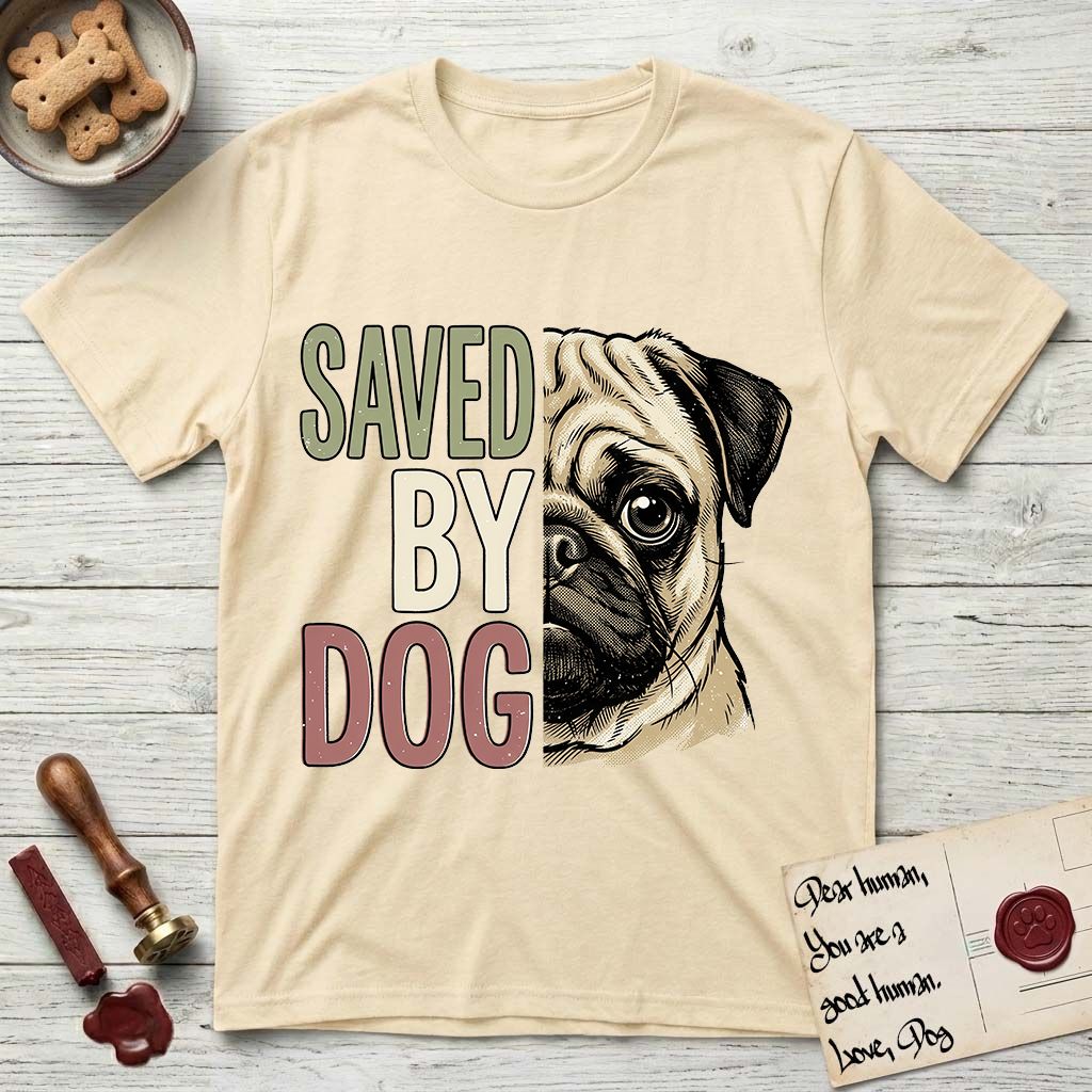 Saved by Dog Pug T-Shirt flat lay in Natural, featuring half a fawn Pug's face in distressed vintage screen print, a dark mask and one large round eye, cropped down the centerline beside bold stacked block lettering.