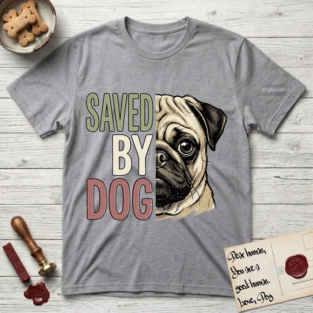 Saved by Dog Pug T-Shirt flat lay in Sport Grey, featuring half a fawn Pug's face in distressed vintage screen print, a dark mask and one large round eye, cropped down the centerline beside bold stacked block lettering.