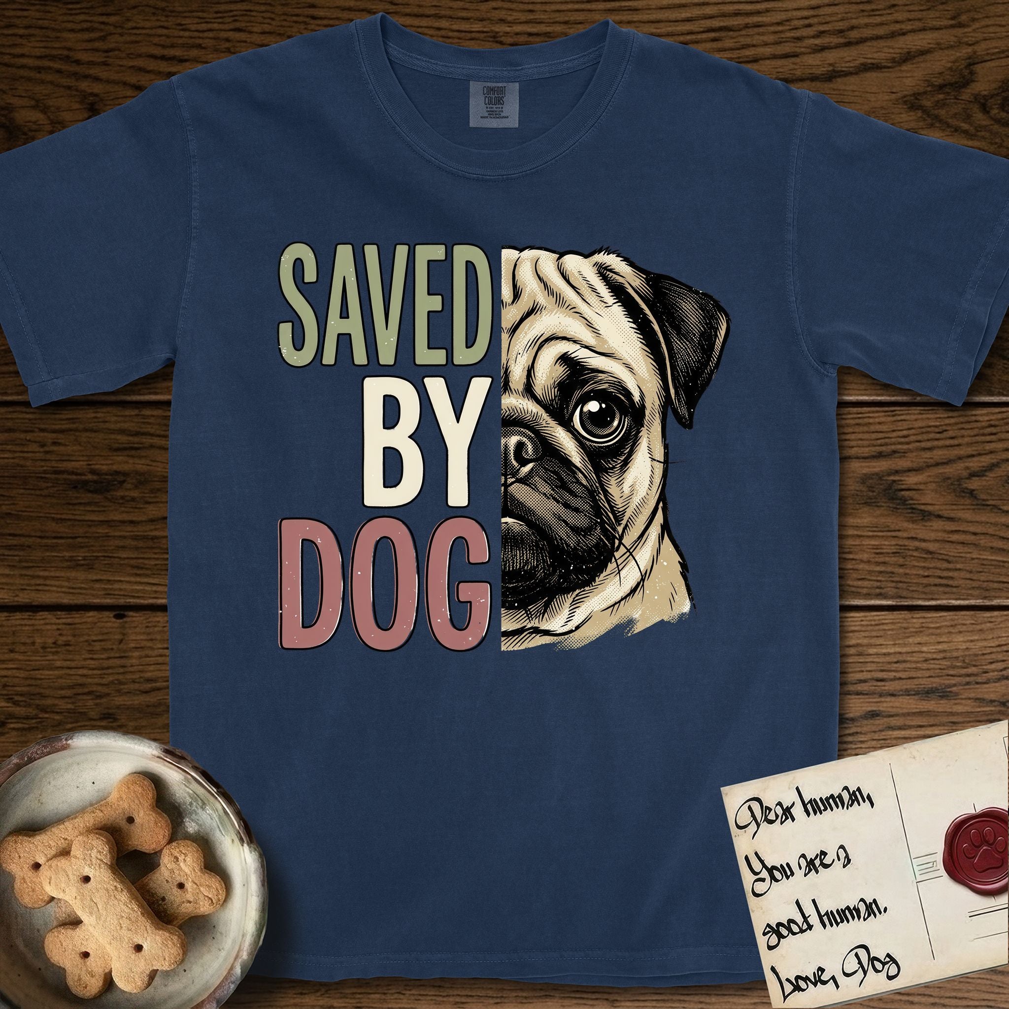 Saved by Dog Pug T-Shirt flat lay in True Navy, featuring half a fawn Pug's face in distressed vintage screen print, a dark mask and one large round eye, cropped down the centerline beside bold stacked block lettering.