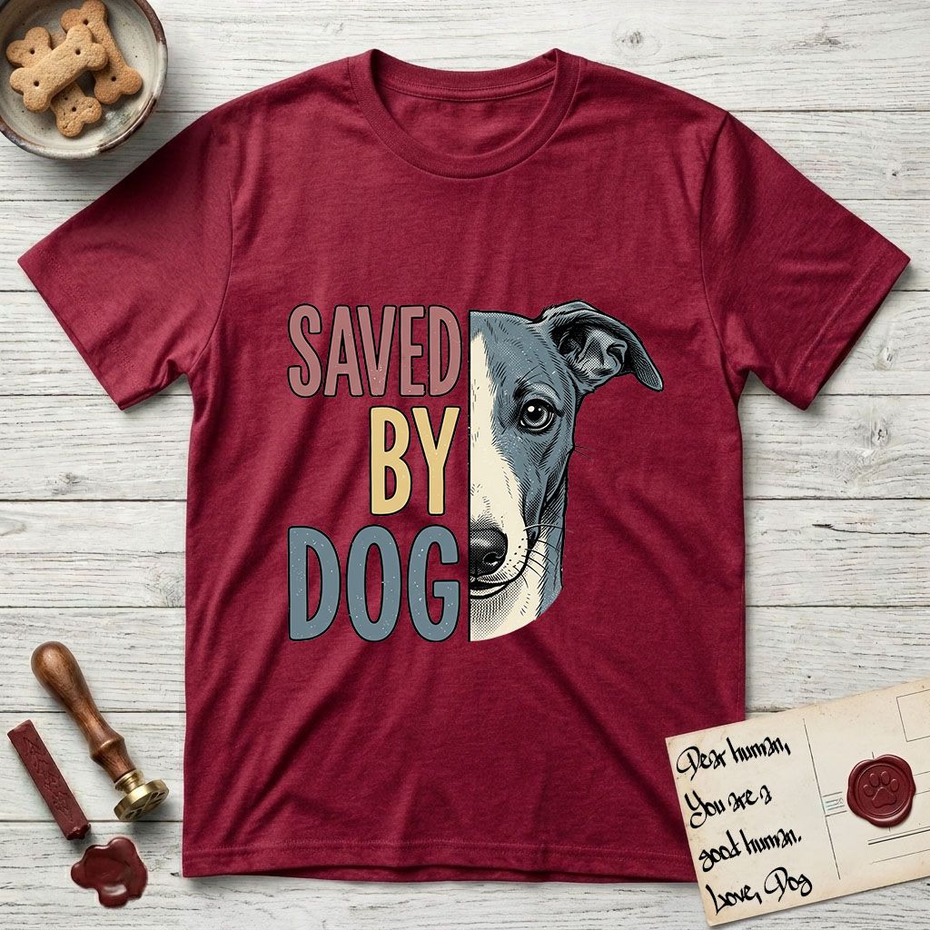 Saved by Dog Whippet T-Shirt flat lay in Antique Cherry Red, featuring half a blue-grey Whippet's face in distressed vintage screen print, a folded rose ear and a large liquid eye, cropped down the centerline beside bold stacked block lettering.