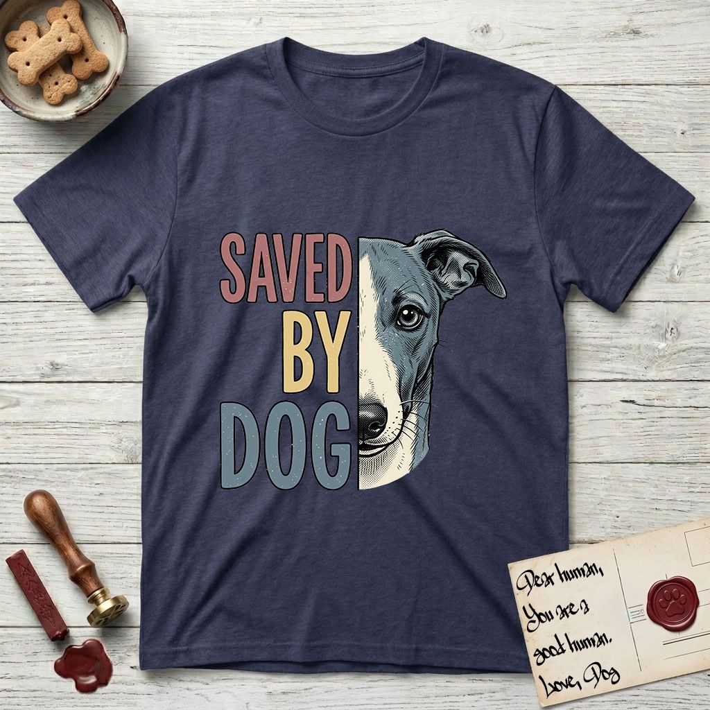 Saved by Dog Whippet T-Shirt flat lay in Navy, featuring half a blue-grey Whippet's face in distressed vintage screen print, a folded rose ear and a large liquid eye, cropped down the centerline beside bold stacked block lettering.