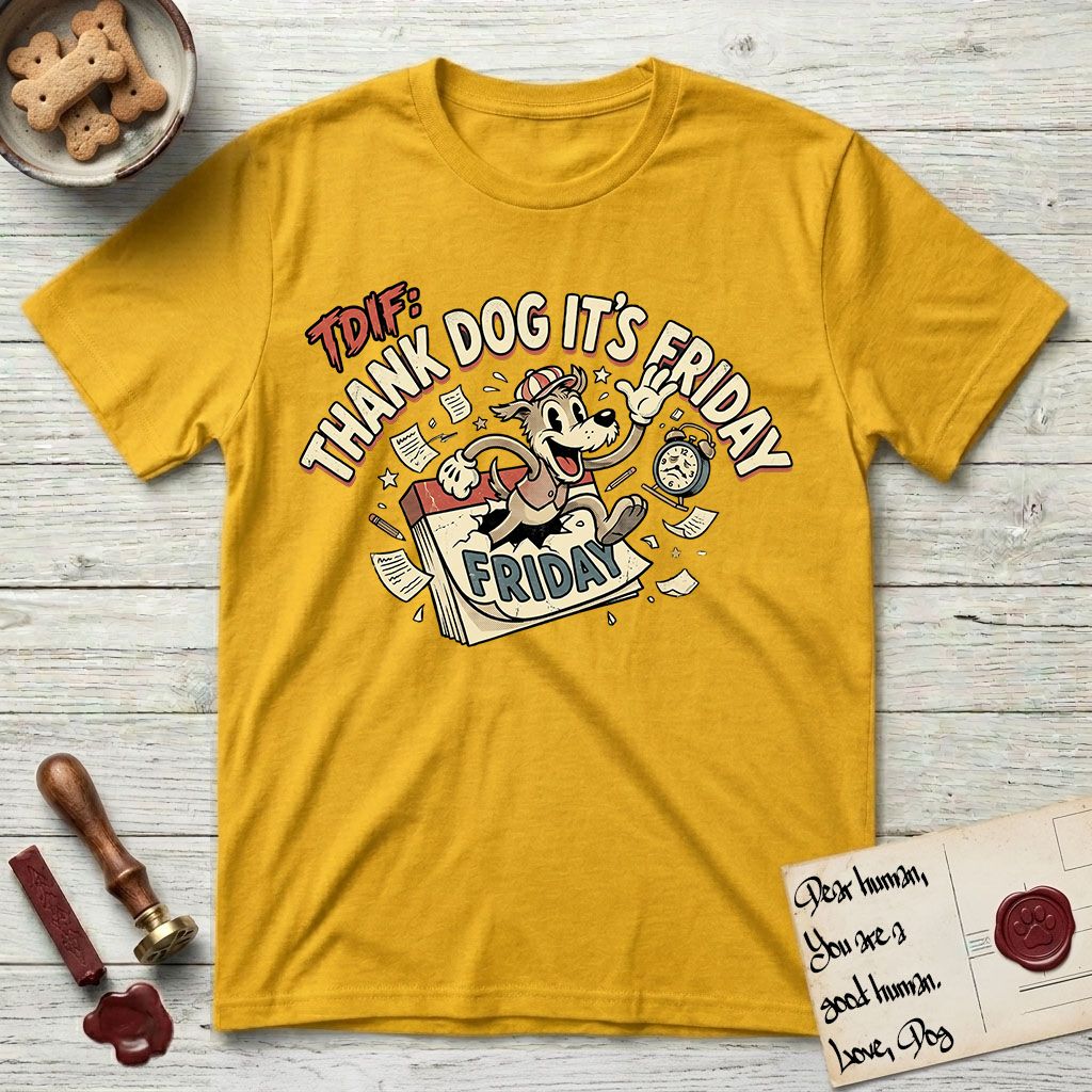 Thank Dog It's Friday T-Shirt flat lay in Daisy, featuring a retro 1930s cartoon of a Dog bursting through a Friday calendar page, surrounded by musical notes, stars, and a clock, with retro display lettering reading TDIF.
