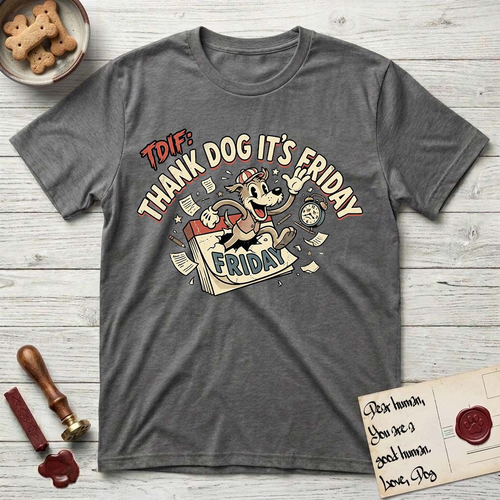 Thank Dog It's Friday T-Shirt flat lay in Dark Heather, featuring a retro 1930s cartoon of a Dog bursting through a Friday calendar page, surrounded by musical notes, stars, and a clock, with retro display lettering reading TDIF.