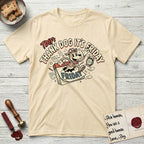 Thank Dog It's Friday T-Shirt flat lay in Natural, featuring a retro 1930s cartoon of a Dog bursting through a Friday calendar page, surrounded by musical notes, stars, and a clock, with retro display lettering reading TDIF.
