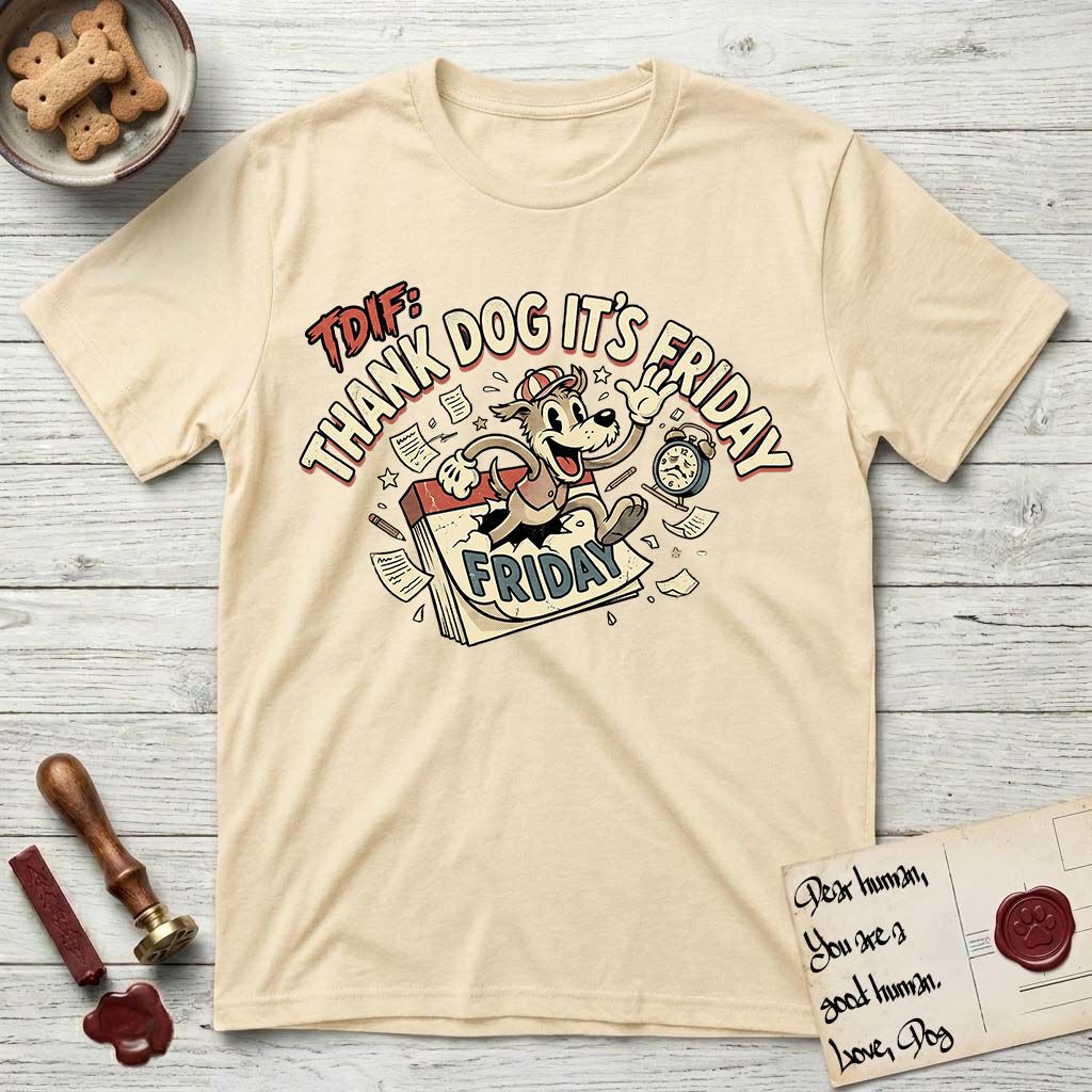Thank Dog It's Friday T-Shirt flat lay in Natural, featuring a retro 1930s cartoon of a Dog bursting through a Friday calendar page, surrounded by musical notes, stars, and a clock, with retro display lettering reading TDIF.