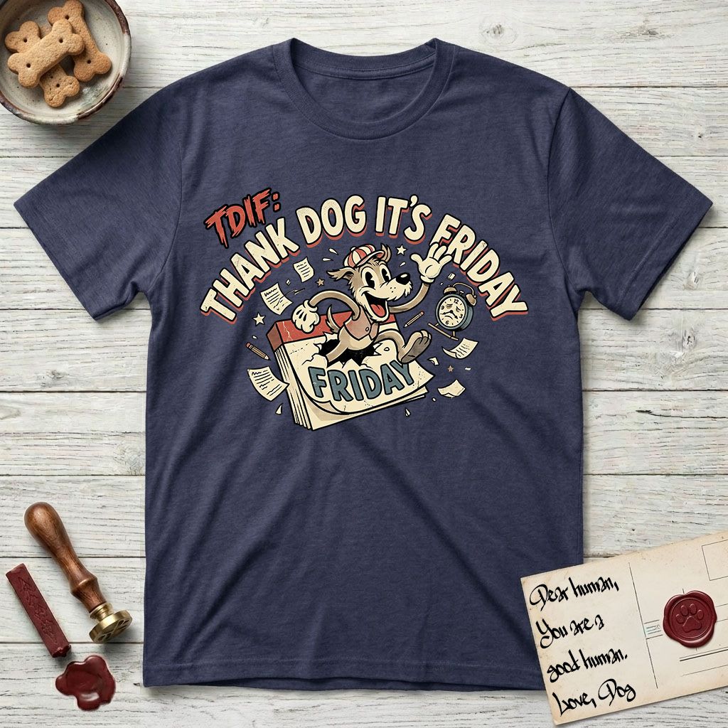 Thank Dog It's Friday T-Shirt flat lay in Navy, featuring a retro 1930s cartoon of a Dog bursting through a Friday calendar page, surrounded by musical notes, stars, and a clock, with retro display lettering reading TDIF.