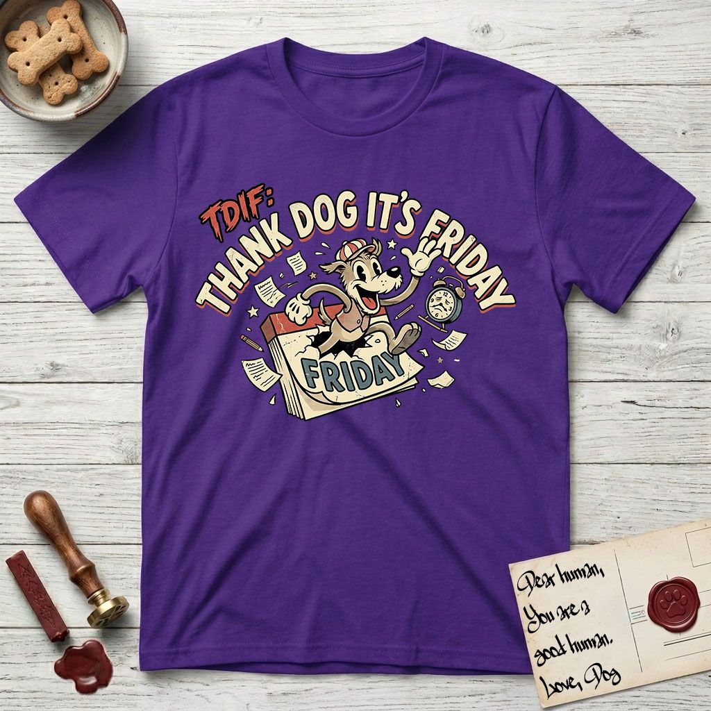 Thank Dog It's Friday T-Shirt flat lay in Purple, featuring a retro 1930s cartoon of a Dog bursting through a Friday calendar page, surrounded by musical notes, stars, and a clock, with retro display lettering reading TDIF.
