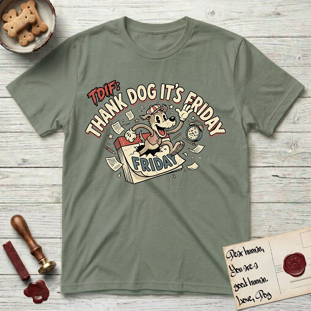 Thank Dog It's Friday T-Shirt flat lay in Sage, featuring a retro 1930s cartoon of a Dog bursting through a Friday calendar page, surrounded by musical notes, stars, and a clock, with retro display lettering reading TDIF.