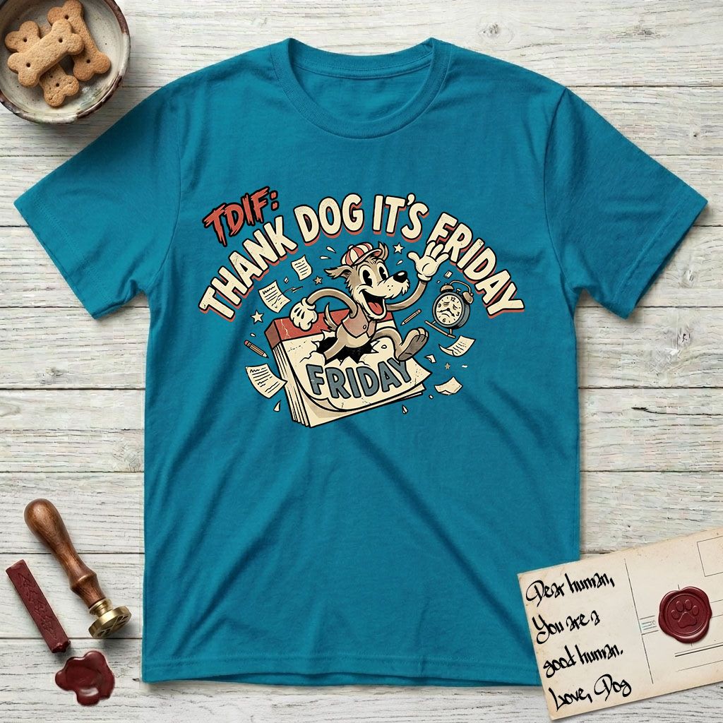 Thank Dog It's Friday T-Shirt flat lay in Tropical Blue, featuring a retro 1930s cartoon of a Dog bursting through a Friday calendar page, surrounded by musical notes, stars, and a clock, with retro display lettering reading TDIF.