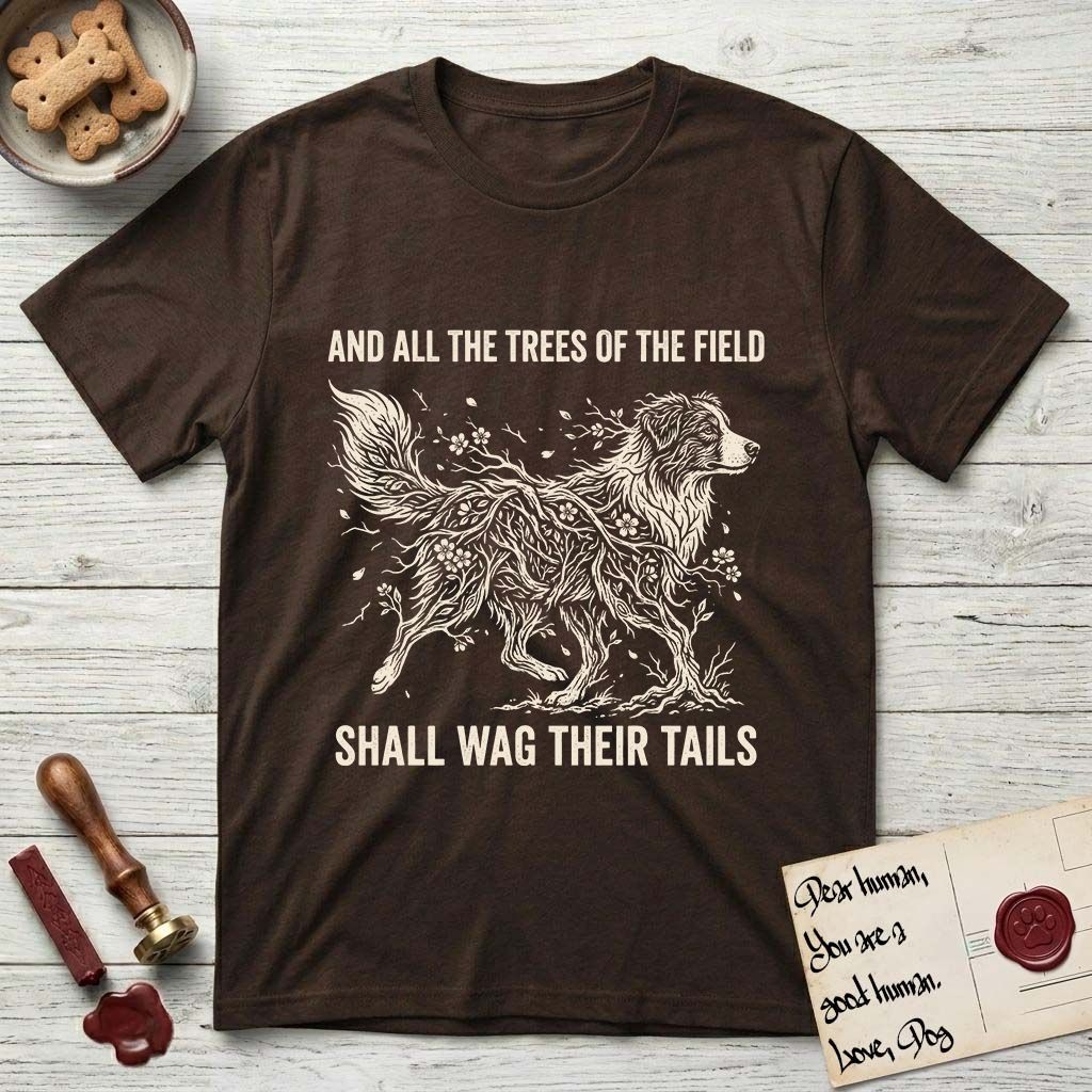 Trees of the Field Australian Shepherd T-Shirt flat lay in Dark Chocolate, featuring a vintage woodcut illustration of an Australian Shepherd formed of flowering cherry branches, mid-stride, with the words And All the Trees of the Field Shall Wag Their Tails.