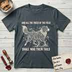 Trees of the Field Australian Shepherd T-Shirt flat lay in Dark Heather Grey, featuring a vintage woodcut illustration of an Australian Shepherd formed of flowering cherry branches, mid-stride, with the words And All the Trees of the Field Shall Wag Their Tails.