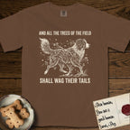 Trees of the Field Australian Shepherd T-Shirt flat lay in Espresso, featuring a vintage woodcut illustration of an Australian Shepherd formed of flowering cherry branches, mid-stride, with the words And All the Trees of the Field Shall Wag Their Tails.