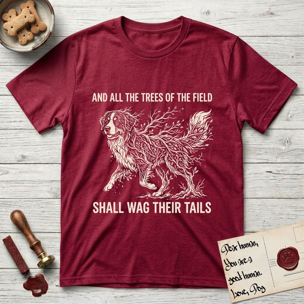 Trees of the Field Bernese Mountain Dog T-Shirt flat lay in Antique Cherry Red, featuring a vintage woodcut illustration of a Bernese Mountain Dog formed of bare windswept winter branches, mid-stride, with the words And All the Trees of the Field Shall Wag Their Tails.