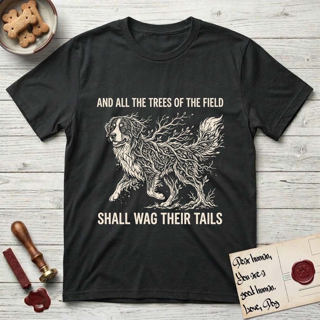 Trees of the Field Bernese Mountain Dog T-Shirt flat lay in Black, featuring a vintage woodcut illustration of a Bernese Mountain Dog formed of bare windswept winter branches, mid-stride, with the words And All the Trees of the Field Shall Wag Their Tails.