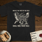 Trees of the Field Bernese Mountain Dog T-Shirt flat lay in Black, featuring a vintage woodcut illustration of a Bernese Mountain Dog formed of bare windswept winter branches, mid-stride, with the words And All the Trees of the Field Shall Wag Their Tails.