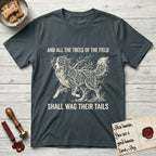 Trees of the Field Bernese Mountain Dog T-Shirt flat lay in Dark Heather Grey, featuring a vintage woodcut illustration of a Bernese Mountain Dog formed of bare windswept winter branches, mid-stride, with the words And All the Trees of the Field Shall Wag Their Tails.