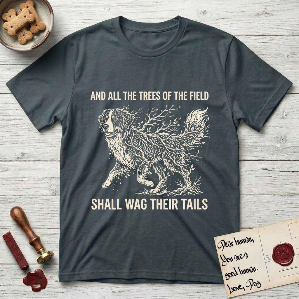 Trees of the Field Bernese Mountain Dog T-Shirt flat lay in Dark Heather Grey, featuring a vintage woodcut illustration of a Bernese Mountain Dog formed of bare windswept winter branches, mid-stride, with the words And All the Trees of the Field Shall Wag Their Tails.
