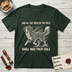Trees of the Field Bernese Mountain Dog T-Shirt flat lay in Forest Green, featuring a vintage woodcut illustration of a Bernese Mountain Dog formed of bare windswept winter branches, mid-stride, with the words And All the Trees of the Field Shall Wag Their Tails.