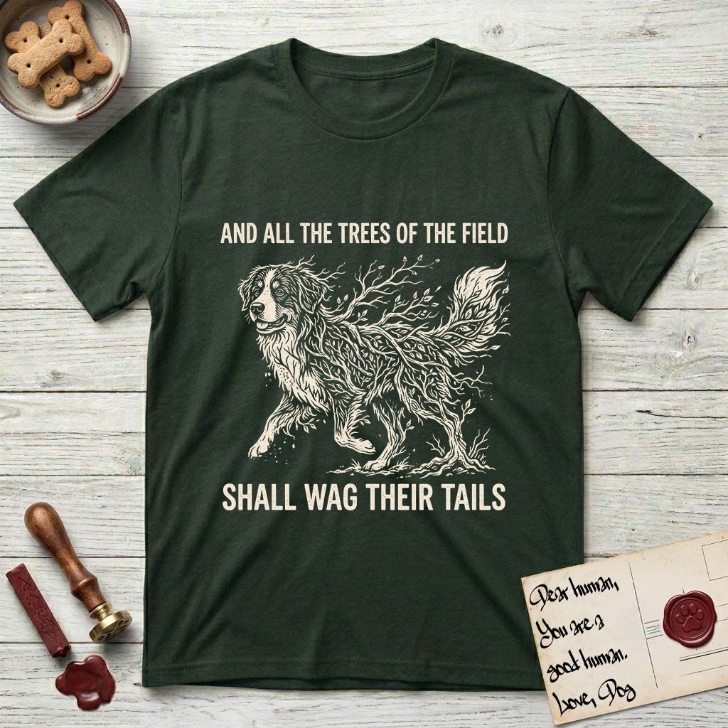 Trees of the Field Bernese Mountain Dog T-Shirt flat lay in Forest Green, featuring a vintage woodcut illustration of a Bernese Mountain Dog formed of bare windswept winter branches, mid-stride, with the words And All the Trees of the Field Shall Wag Their Tails.