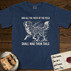 Trees of the Field Bernese Mountain Dog T-Shirt flat lay in True Navy, featuring a vintage woodcut illustration of a Bernese Mountain Dog formed of bare windswept winter branches, mid-stride, with the words And All the Trees of the Field Shall Wag Their Tails.