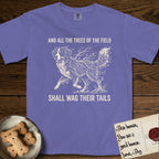 Trees of the Field Bernese Mountain Dog T-Shirt flat lay in Violet, featuring a vintage woodcut illustration of a Bernese Mountain Dog formed of bare windswept winter branches, mid-stride, with the words And All the Trees of the Field Shall Wag Their Tails.