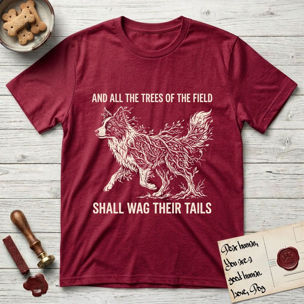 Trees of the Field Border Collie T-Shirt flat lay in Antique Cherry Red, featuring a vintage woodcut illustration of a Border Collie formed of quaking aspen branches, mid-stride, with the words And All the Trees of the Field Shall Wag Their Tails.