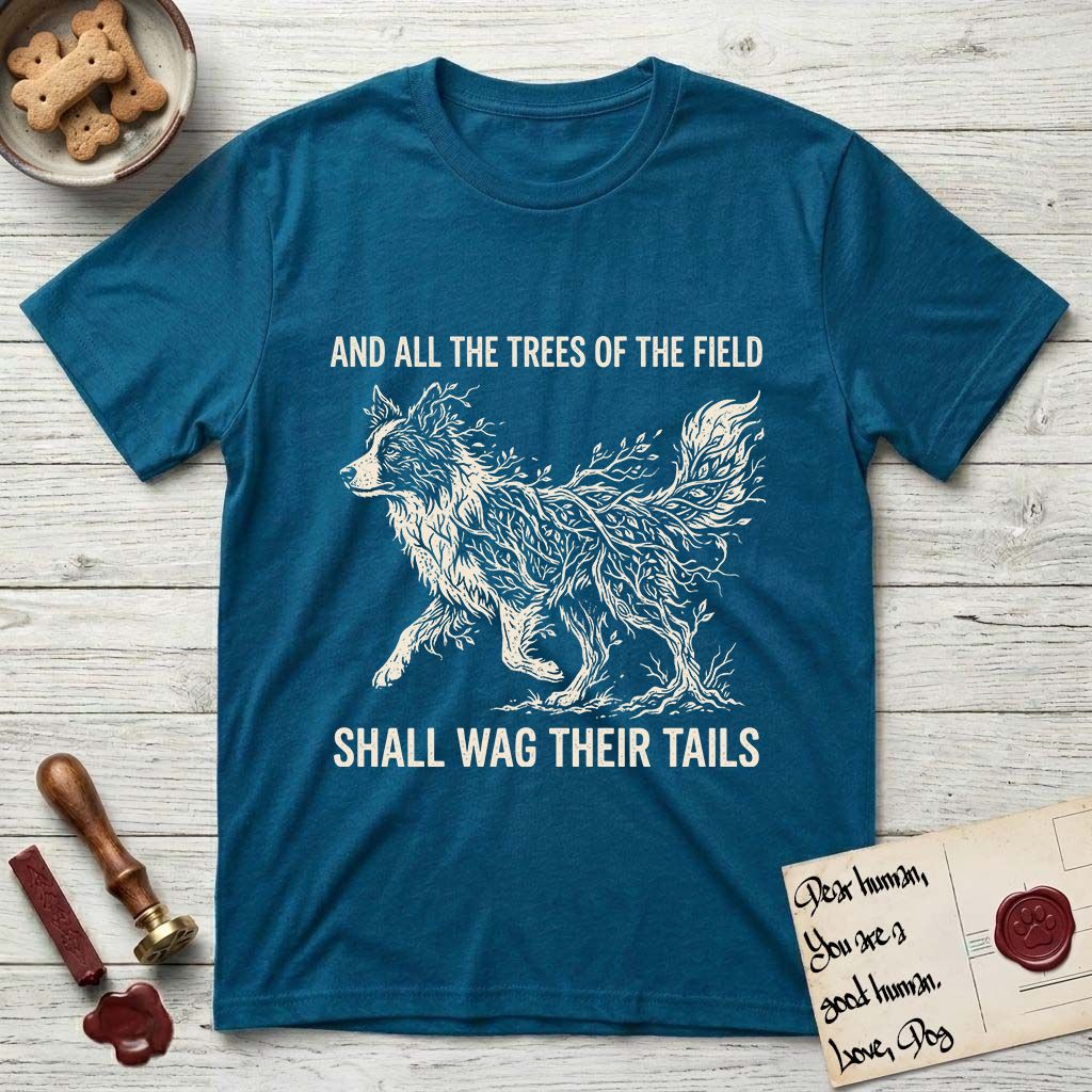 Trees of the Field Border Collie T-Shirt flat lay in Antique Sapphire, featuring a vintage woodcut illustration of a Border Collie formed of quaking aspen branches, mid-stride, with the words And All the Trees of the Field Shall Wag Their Tails.