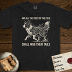 Trees of the Field Border Collie T-Shirt flat lay in Black, featuring a vintage woodcut illustration of a Border Collie formed of quaking aspen branches, mid-stride, with the words And All the Trees of the Field Shall Wag Their Tails.