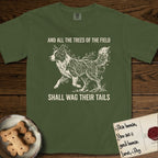 Trees of the Field Border Collie T-Shirt flat lay in Hemp, featuring a vintage woodcut illustration of a Border Collie formed of quaking aspen branches, mid-stride, with the words And All the Trees of the Field Shall Wag Their Tails.