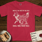 Trees of the Field Border Collie T-Shirt flat lay in Red, featuring a vintage woodcut illustration of a Border Collie formed of quaking aspen branches, mid-stride, with the words And All the Trees of the Field Shall Wag Their Tails.