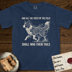 Trees of the Field Border Collie T-Shirt flat lay in True Navy, featuring a vintage woodcut illustration of a Border Collie formed of quaking aspen branches, mid-stride, with the words And All the Trees of the Field Shall Wag Their Tails.