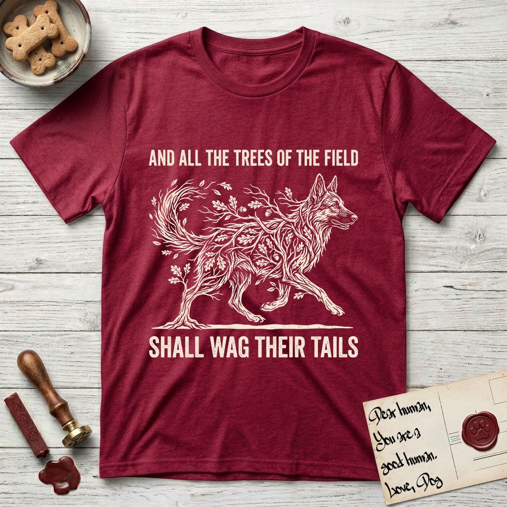 Trees of the Field German Shepherd T-Shirt flat lay in Antique Cherry Red, featuring a vintage woodcut illustration of a German Shepherd formed of oak branches with acorns, mid-stride, with the words And All the Trees of the Field Shall Wag Their Tails.
