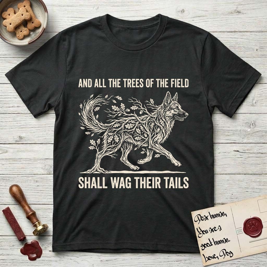 Trees of the Field German Shepherd T-Shirt flat lay in Black, featuring a vintage woodcut illustration of a German Shepherd formed of oak branches with acorns, mid-stride, with the words And All the Trees of the Field Shall Wag Their Tails.