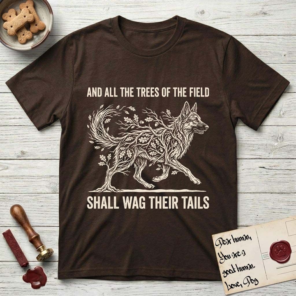 Trees of the Field German Shepherd T-Shirt flat lay in Dark Chocolate, featuring a vintage woodcut illustration of a German Shepherd formed of oak branches with acorns, mid-stride, with the words And All the Trees of the Field Shall Wag Their Tails.