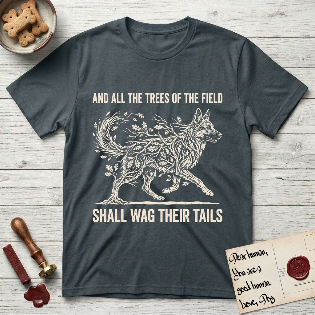Trees of the Field German Shepherd T-Shirt flat lay in Dark Heather Grey, featuring a vintage woodcut illustration of a German Shepherd formed of oak branches with acorns, mid-stride, with the words And All the Trees of the Field Shall Wag Their Tails.