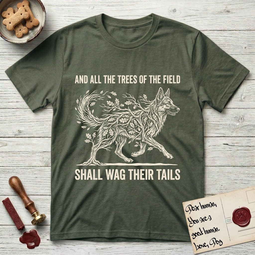 Trees of the Field German Shepherd T-Shirt flat lay in Heather Military Green, featuring a vintage woodcut illustration of a German Shepherd formed of oak branches with acorns, mid-stride, with the words And All the Trees of the Field Shall Wag Their Tails.