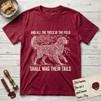 Trees of the Field Golden Retriever T-Shirt flat lay in Antique Cherry Red, featuring a vintage woodcut illustration of a Golden Retriever formed of flowing willow branches, mid-stride, with the words And All the Trees of the Field Shall Wag Their Tails.