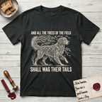 Trees of the Field Golden Retriever T-Shirt flat lay in Black, featuring a vintage woodcut illustration of a Golden Retriever formed of flowing willow branches, mid-stride, with the words And All the Trees of the Field Shall Wag Their Tails.