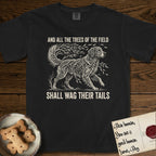 Trees of the Field Golden Retriever T-Shirt flat lay in Black, featuring a vintage woodcut illustration of a Golden Retriever formed of flowing willow branches, mid-stride, with the words And All the Trees of the Field Shall Wag Their Tails.