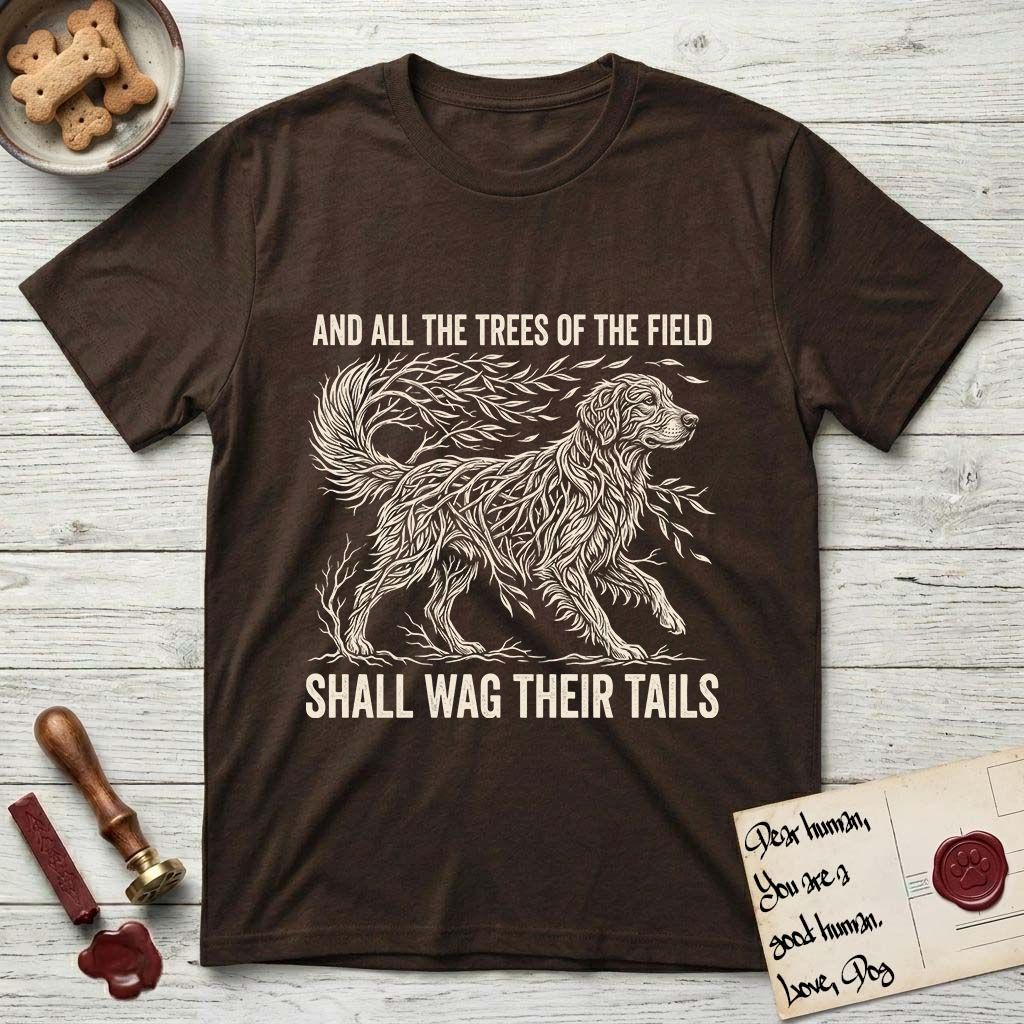 Trees of the Field Golden Retriever T-Shirt flat lay in Dark Chocolate, featuring a vintage woodcut illustration of a Golden Retriever formed of flowing willow branches, mid-stride, with the words And All the Trees of the Field Shall Wag Their Tails.