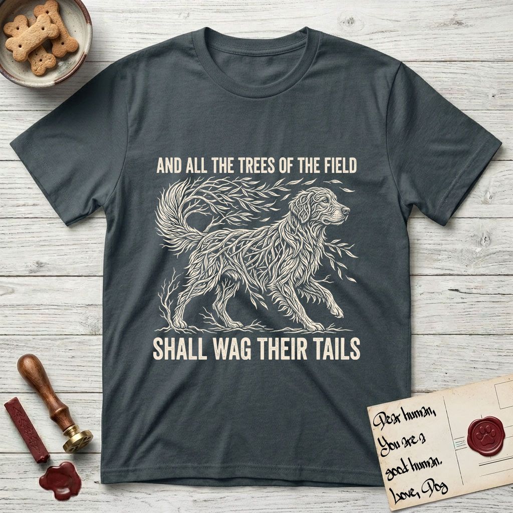 Trees of the Field Golden Retriever T-Shirt flat lay in Dark Heather Grey, featuring a vintage woodcut illustration of a Golden Retriever formed of flowing willow branches, mid-stride, with the words And All the Trees of the Field Shall Wag Their Tails.