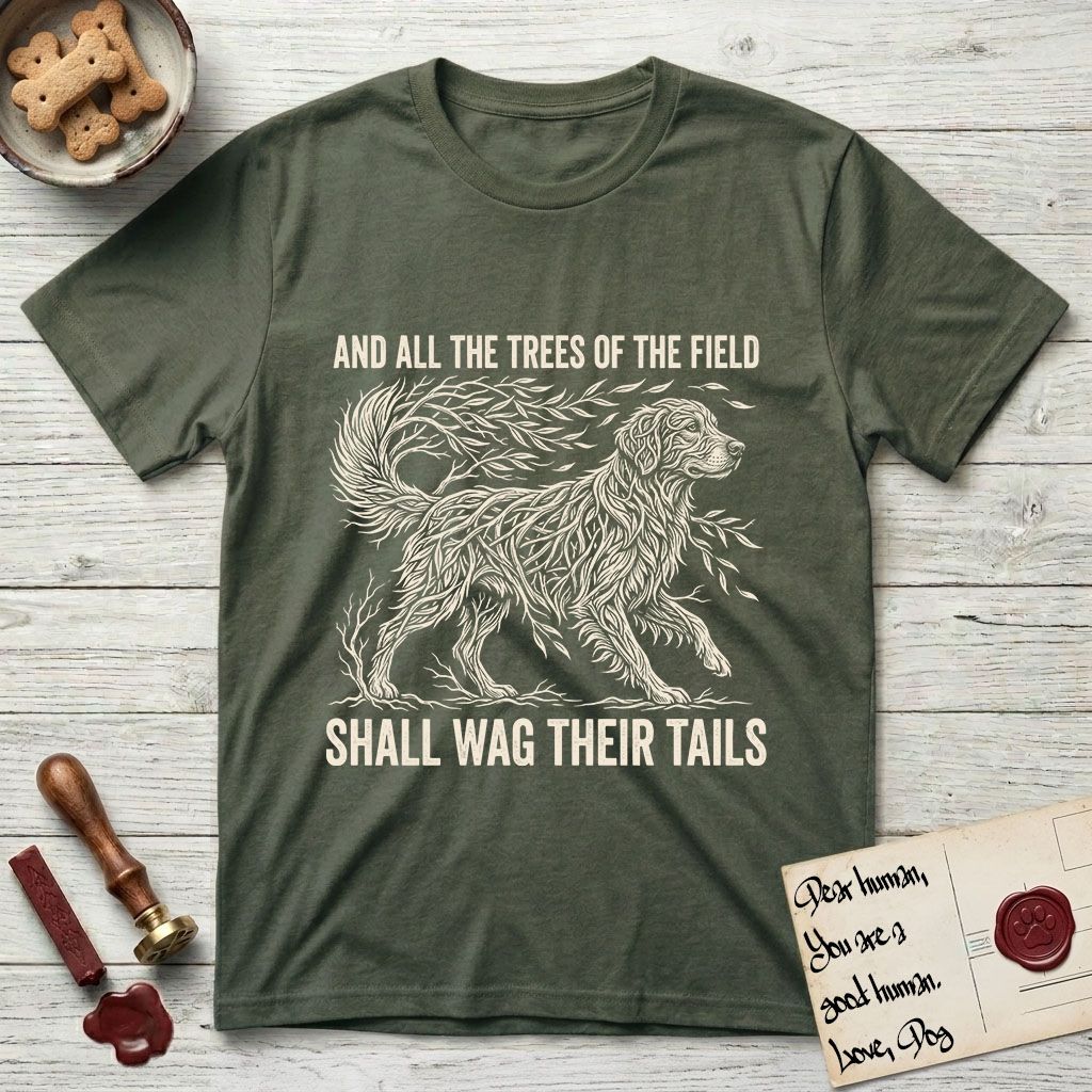 Trees of the Field Golden Retriever T-Shirt flat lay in Heather Military Green, featuring a vintage woodcut illustration of a Golden Retriever formed of flowing willow branches, mid-stride, with the words And All the Trees of the Field Shall Wag Their Tails.