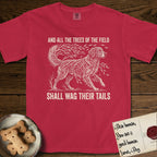 Trees of the Field Golden Retriever T-Shirt flat lay in Red, featuring a vintage woodcut illustration of a Golden Retriever formed of flowing willow branches, mid-stride, with the words And All the Trees of the Field Shall Wag Their Tails.
